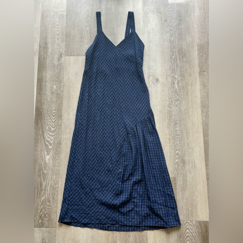 Tibi Asymmetric Gingham Seersucker Plaid Sleeveless Midi Dress Blue Black